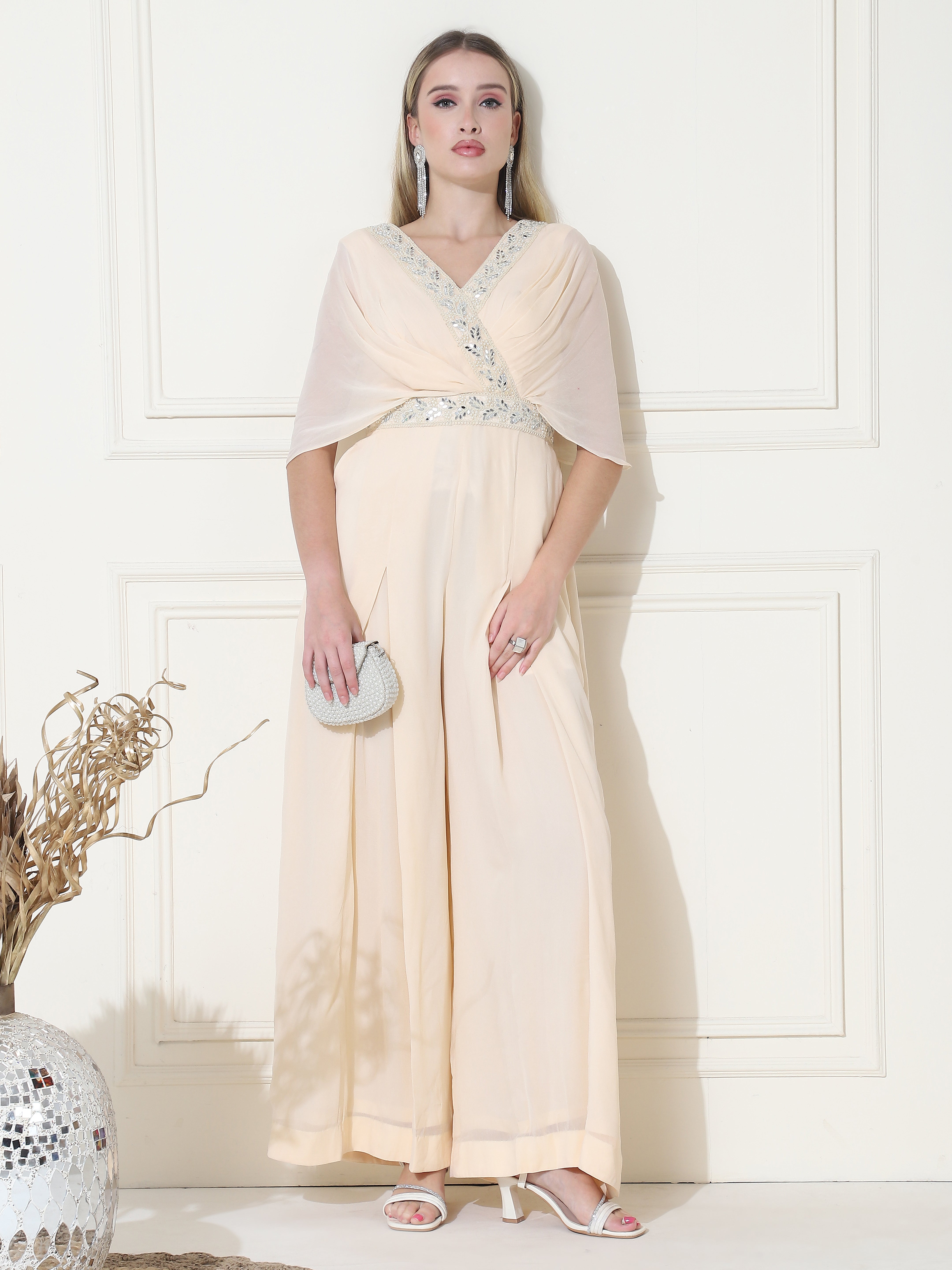 Nyra, Georgette Indo Western Jumpsuit (Cream) - Main Image