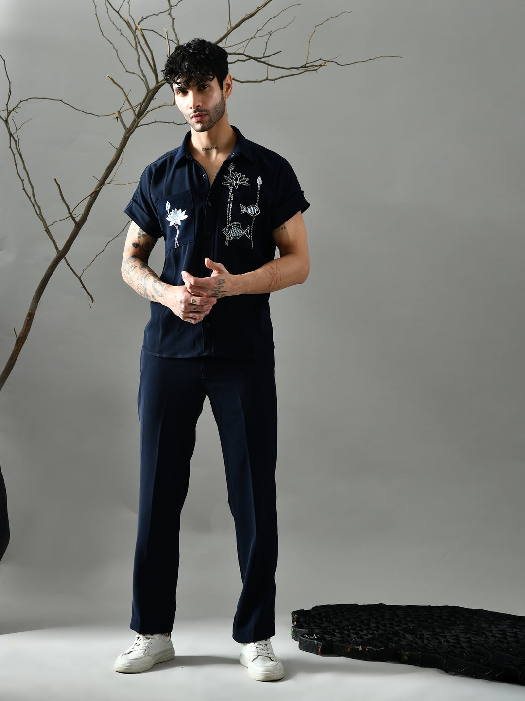 Regular Fit Italian Crepe Trousers (Navy Blue)