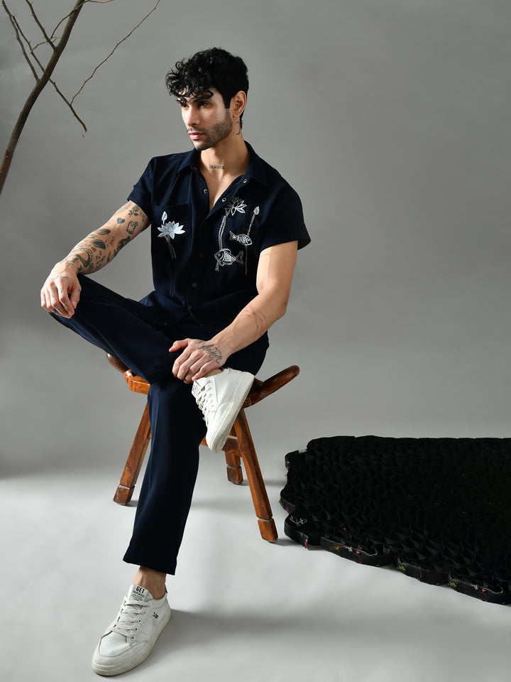 Regular Fit Italian Crepe Trousers (Navy Blue)