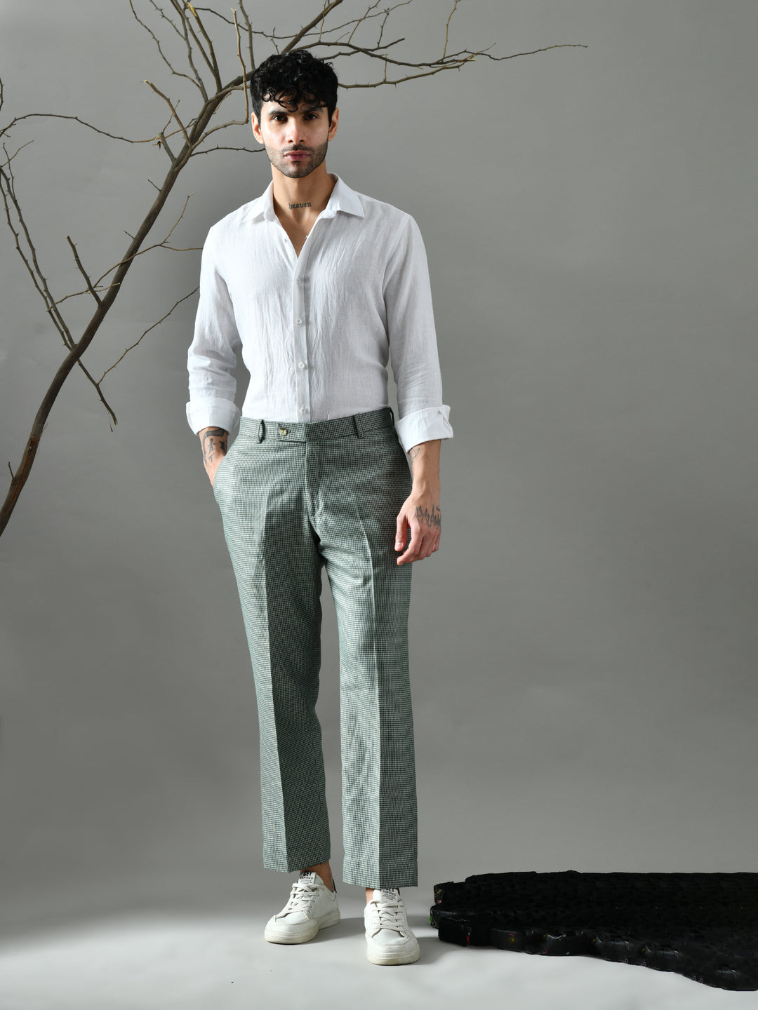 Regular Fit Tweed Pants (Green & Cream)