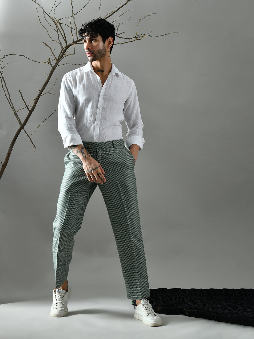 Regular Fit Tweed Pants (Green & Cream)