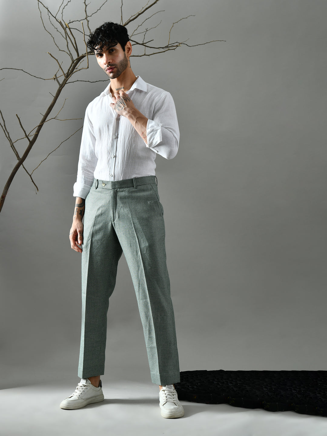 Regular Fit Tweed Pants (Green & Cream)
