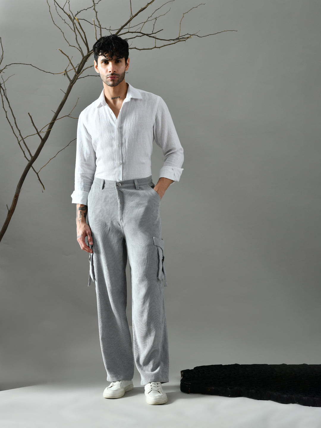 Regular Fit Corduroy Cargo Pants (Light Grey)