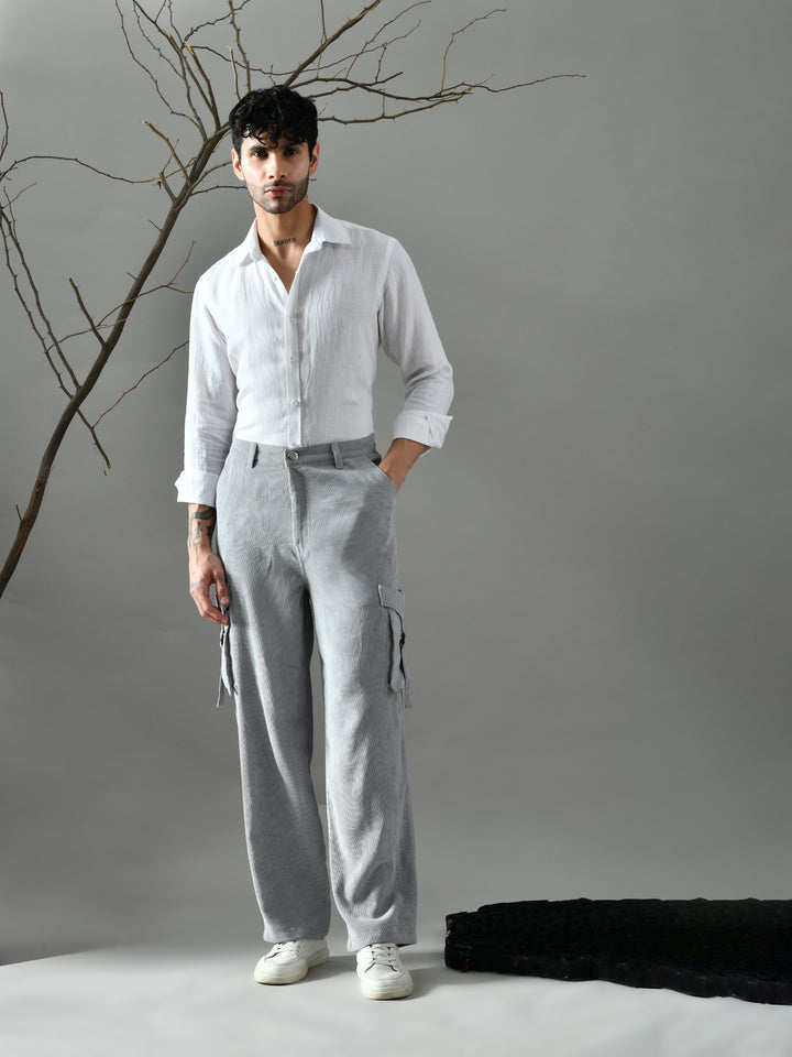 Regular Fit Corduroy Cargo Pants (Light Grey)