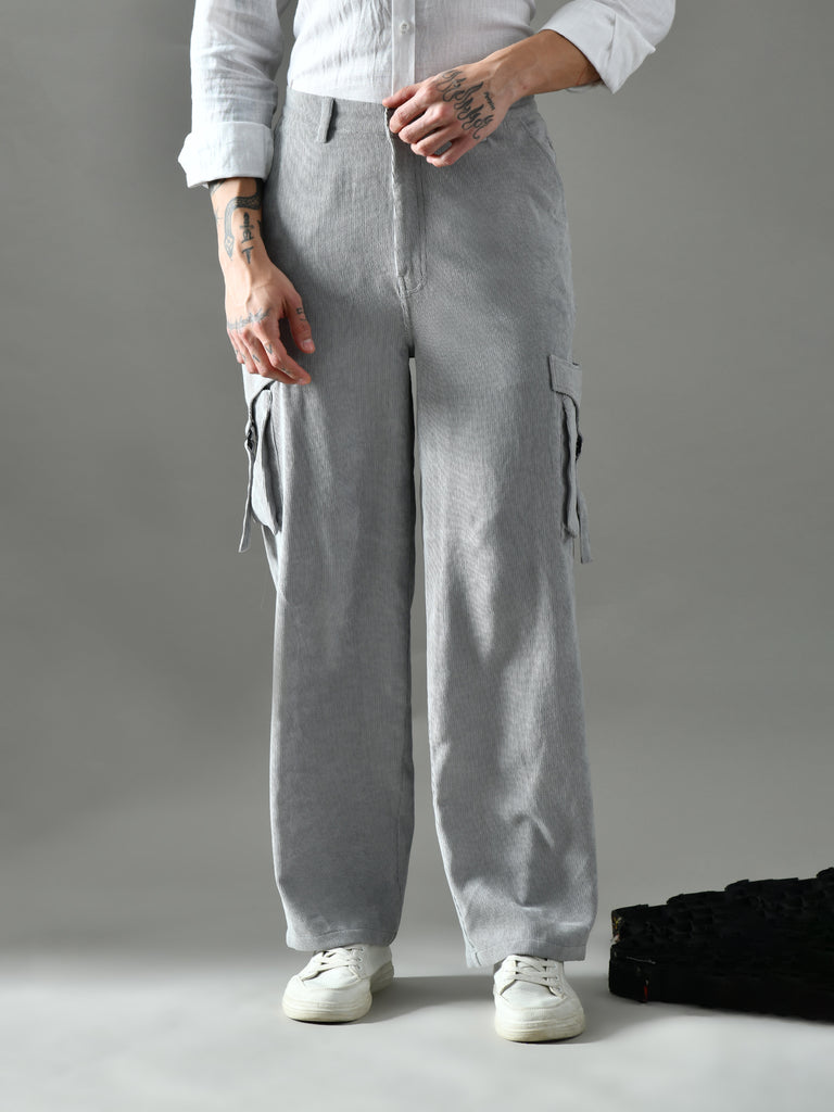 Regular Fit Corduroy Cargo Pants (Light Grey)