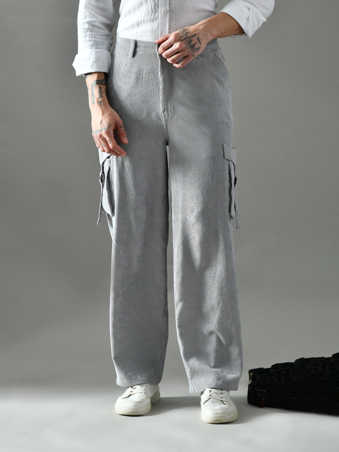 Regular Fit Corduroy Cargo Pants (Light Grey)
