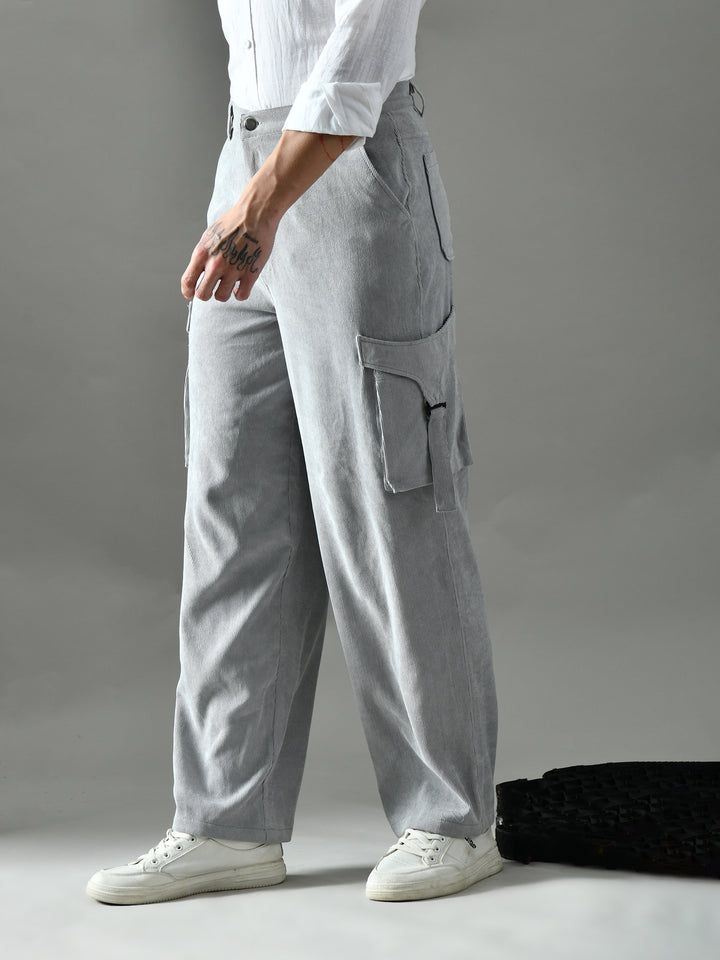 Regular Fit Corduroy Cargo Pants (Light Grey)
