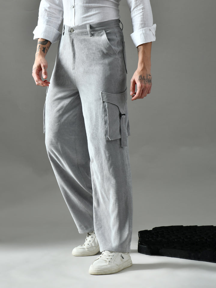 Regular Fit Corduroy Cargo Pants (Light Grey)
