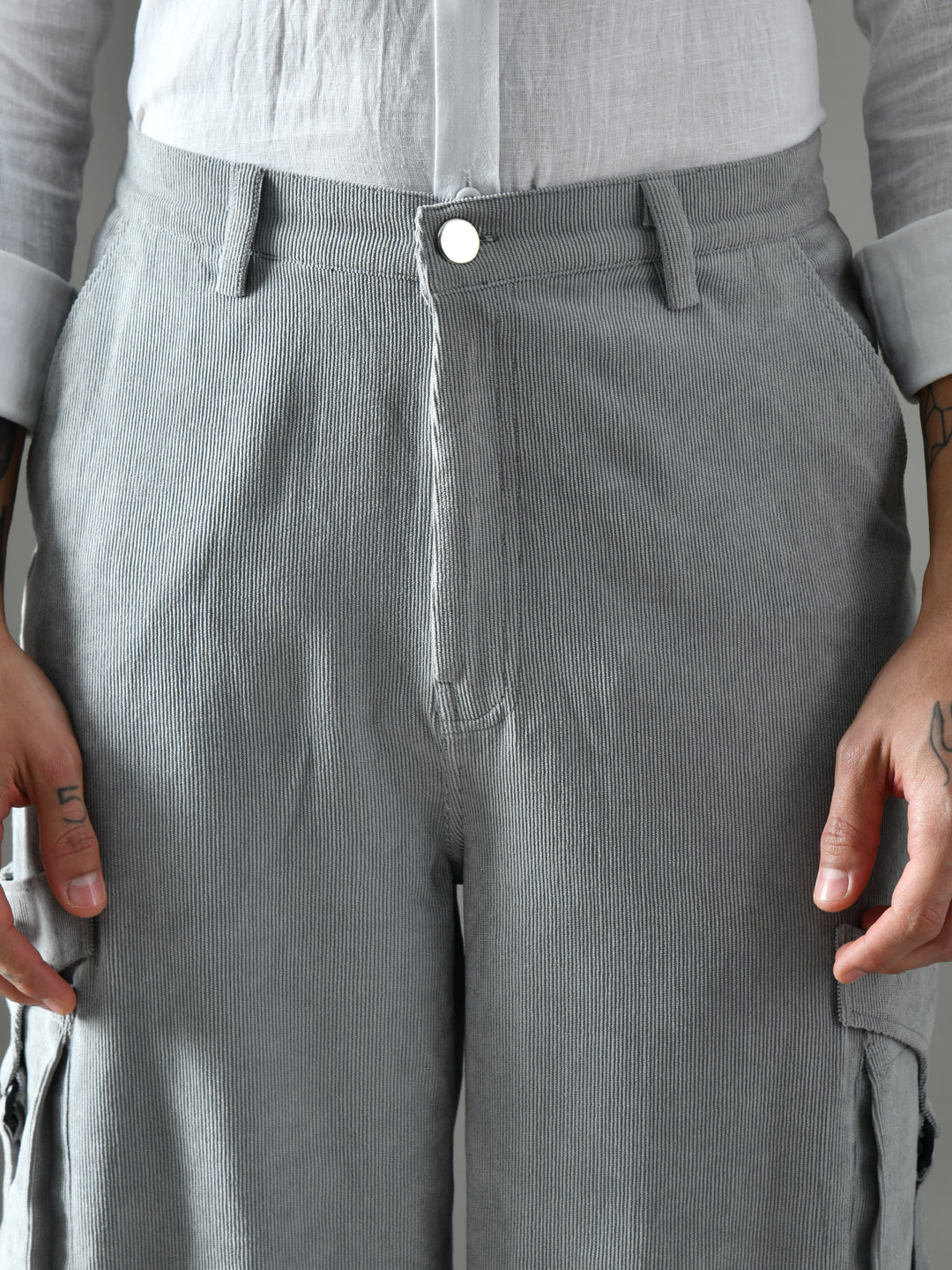 Regular Fit Corduroy Cargo Pants (Light Grey)