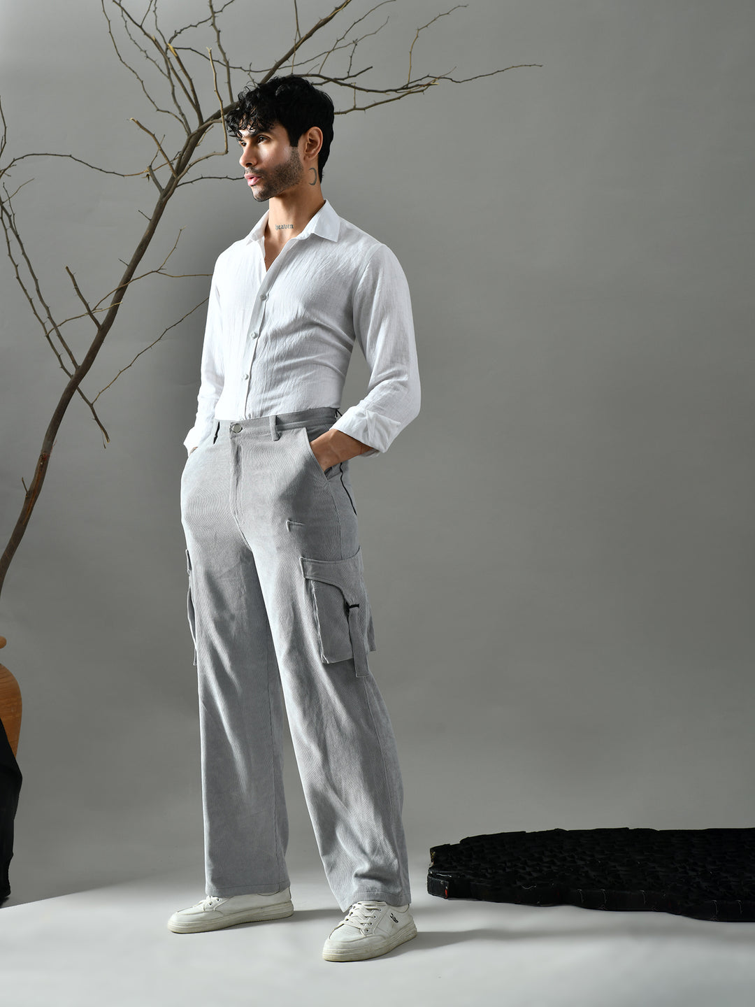 Regular Fit Corduroy Cargo Pants (Light Grey)