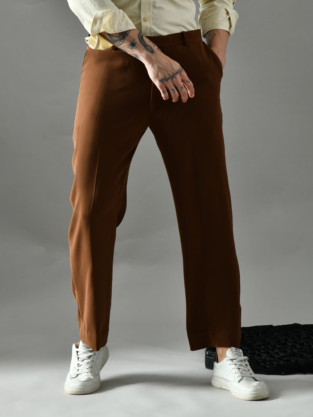 Regular Fit Italian Crepe Trousers (Brown)