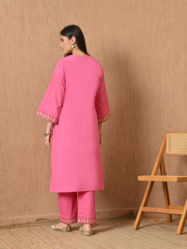 Heer Embroidered Cotton Kurta Set (Hot Pink)