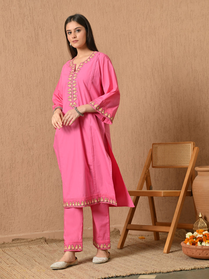 Heer Embroidered Cotton Kurta Set (Hot Pink)