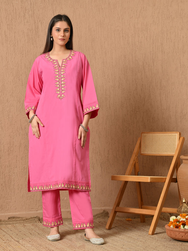 Heer Embroidered Cotton Kurta Set (Hot Pink)