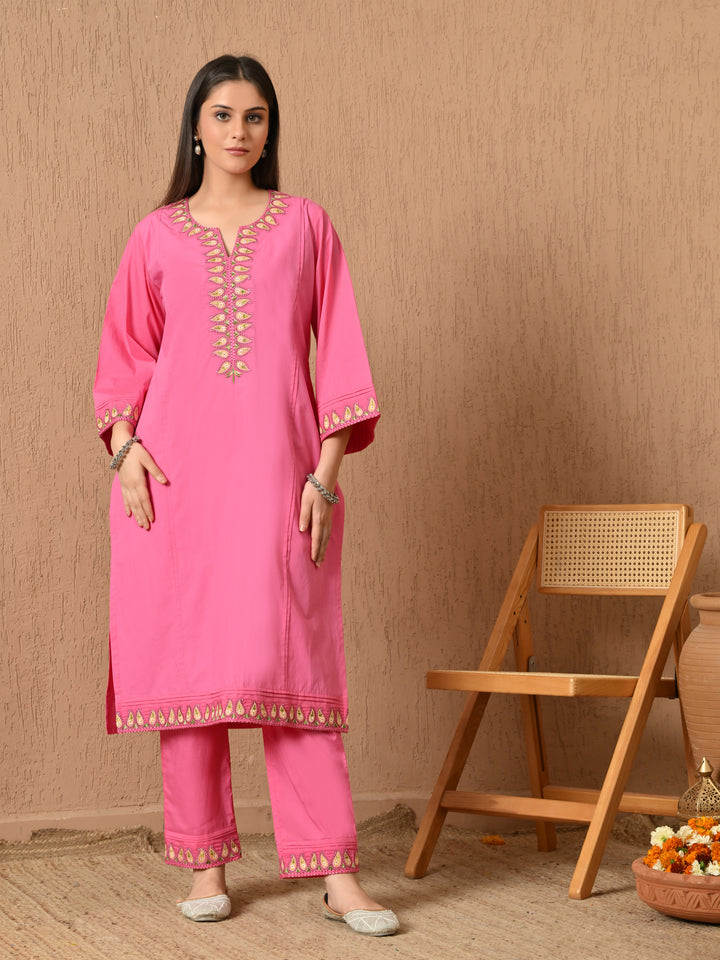 Heer Embroidered Cotton Kurta Set (Hot Pink)