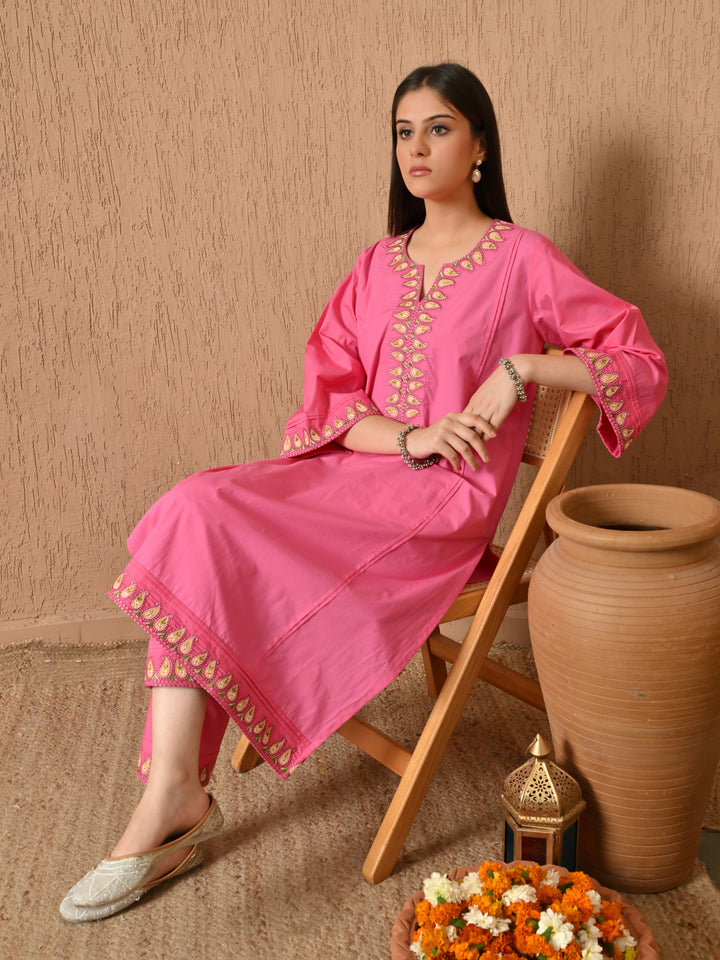 Heer Embroidered Cotton Kurta Set (Hot Pink)