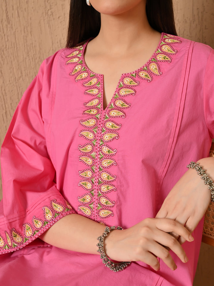 Heer Embroidered Cotton Kurta Set (Hot Pink)