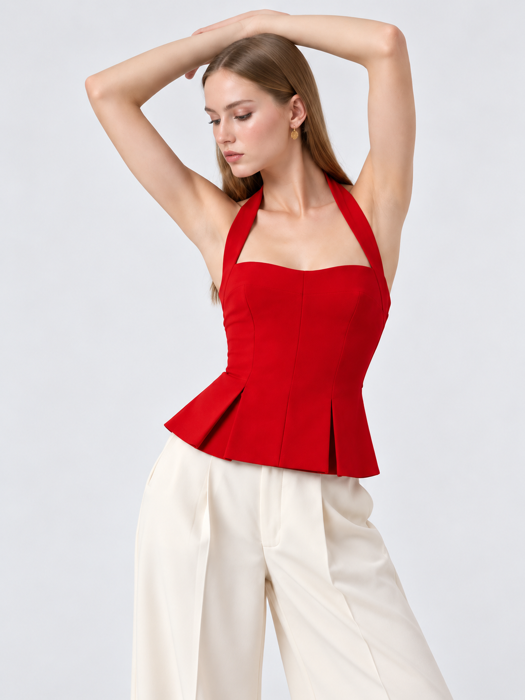 RHYLEE RED HALTER PEPLUM TOP