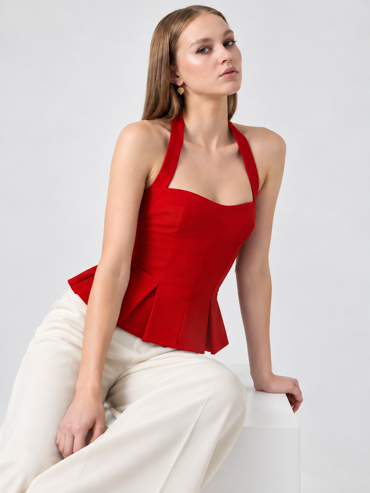 RHYLEE RED HALTER PEPLUM TOP