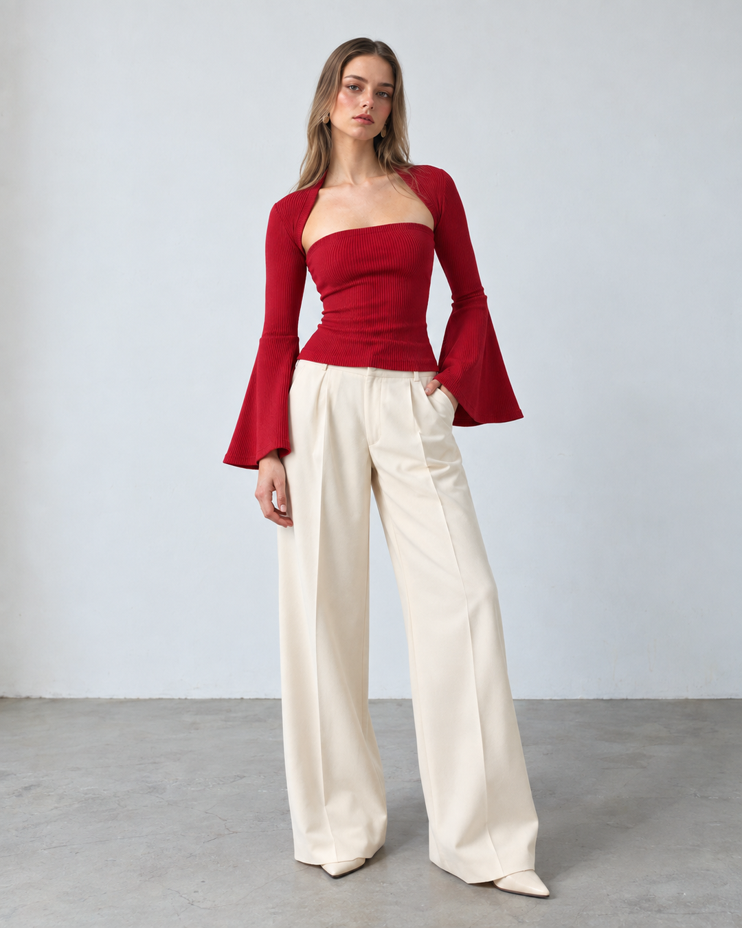 VANESSA Knit Flare Sleeve Top Red