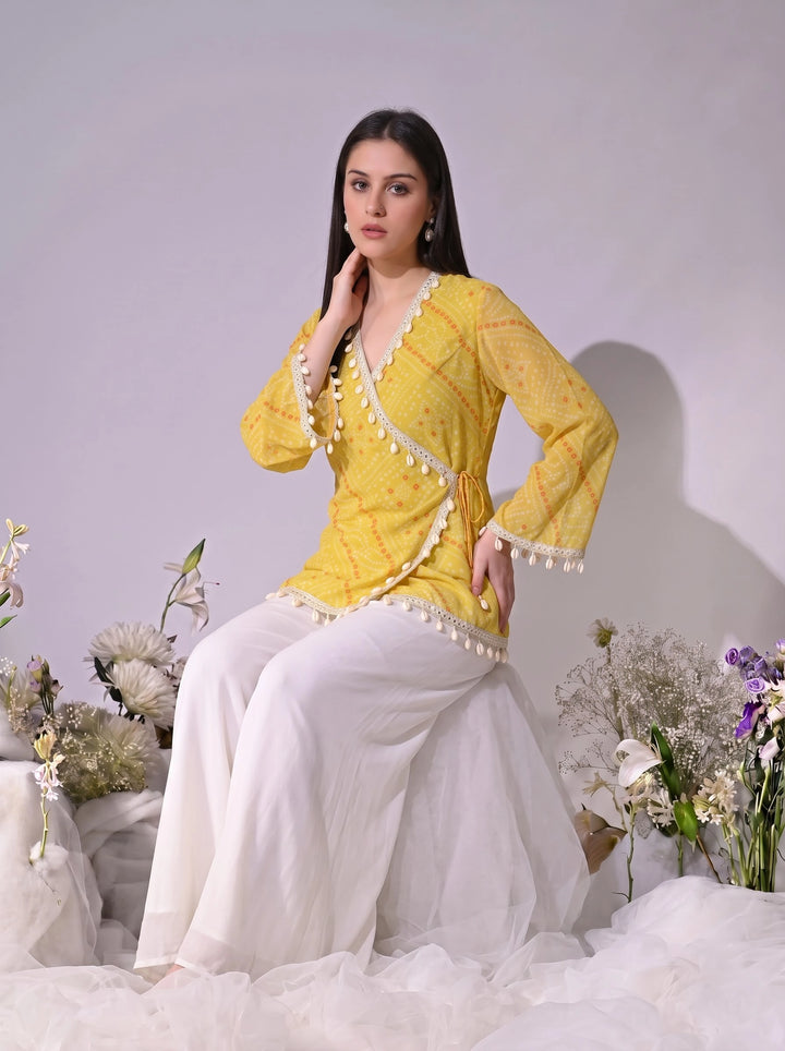 Kiara, Bandhani, Indo-Western angrakha sharara set(YELLOW)
