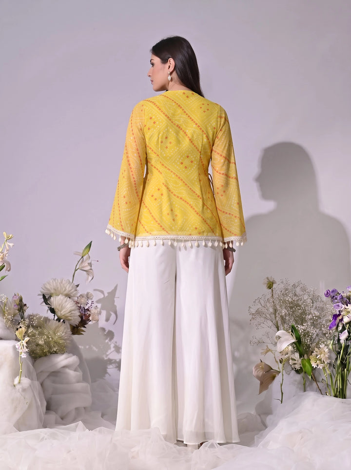 Kiara, Bandhani, Indo-Western angrakha sharara set(YELLOW)