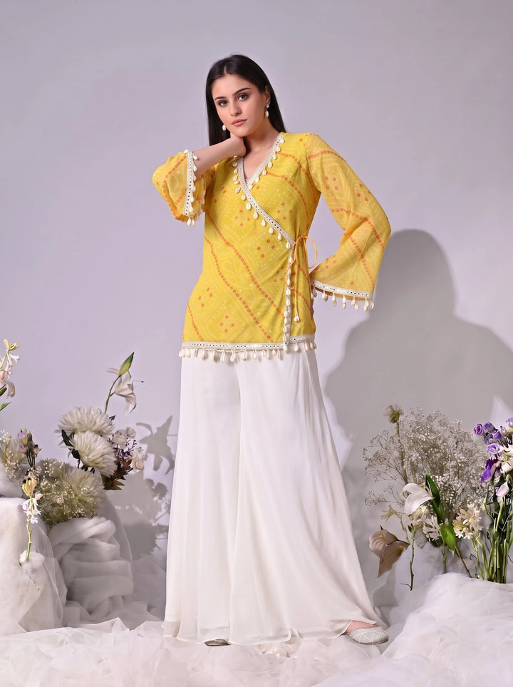 Kiara, Bandhani, Indo-Western angrakha sharara set(YELLOW)