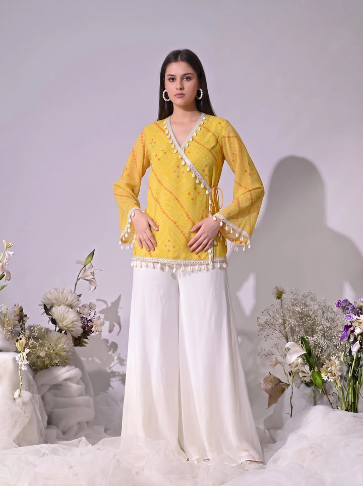 Kiara, Bandhani, Indo-Western angrakha sharara set(YELLOW)