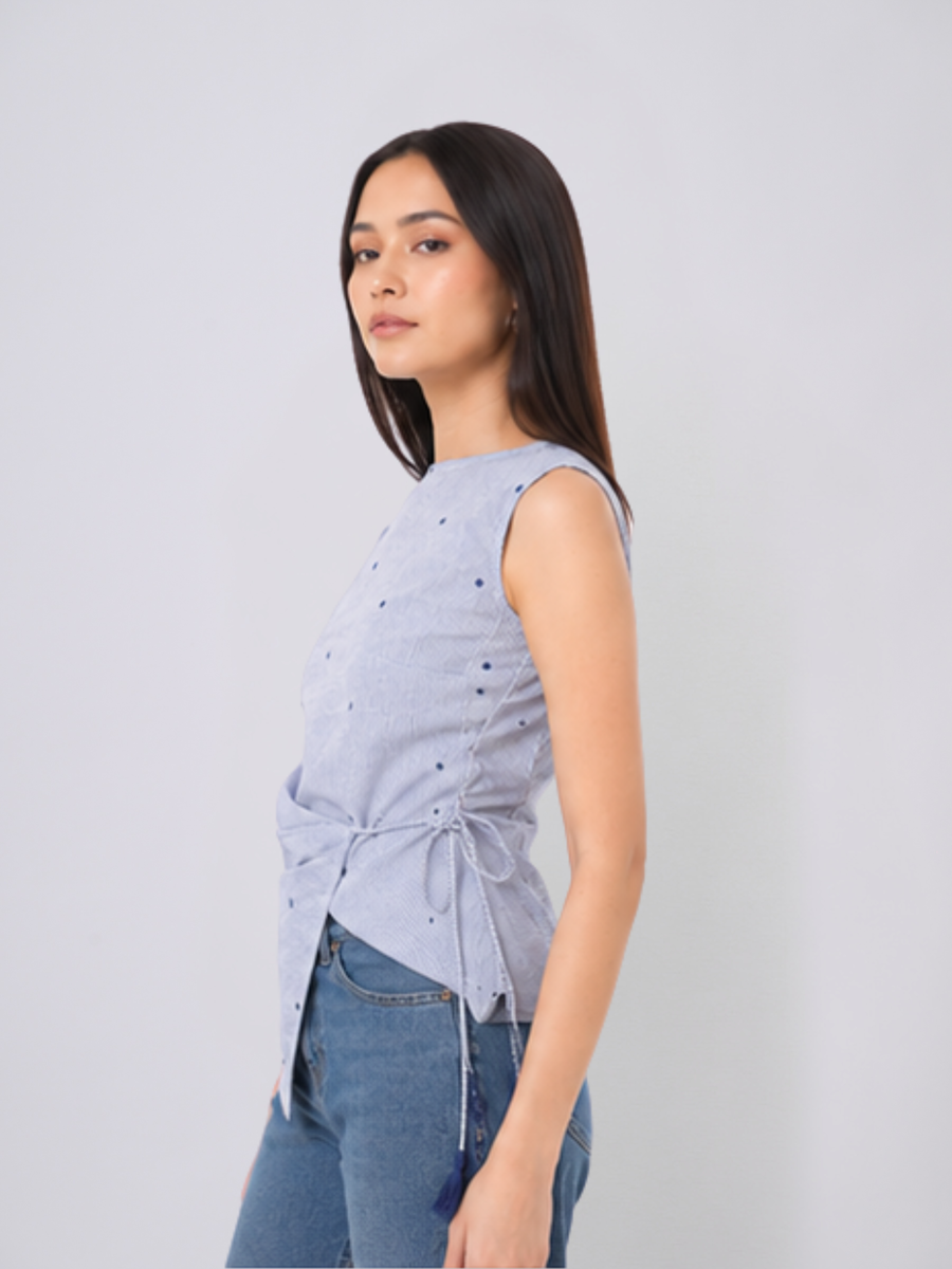 Selah Polka Dot Cotton Blend Top (Blue)