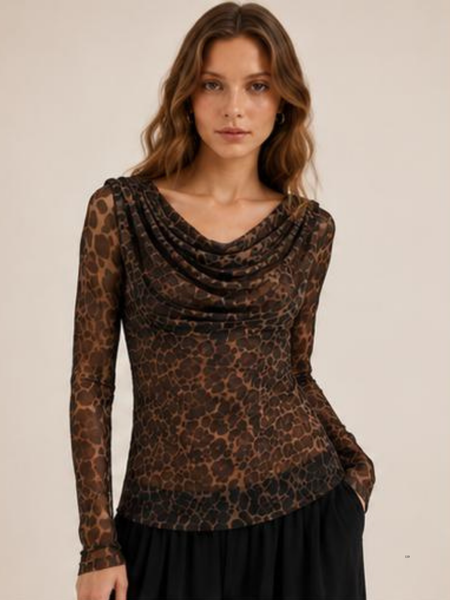 LEA Leopard Print Mesh Top