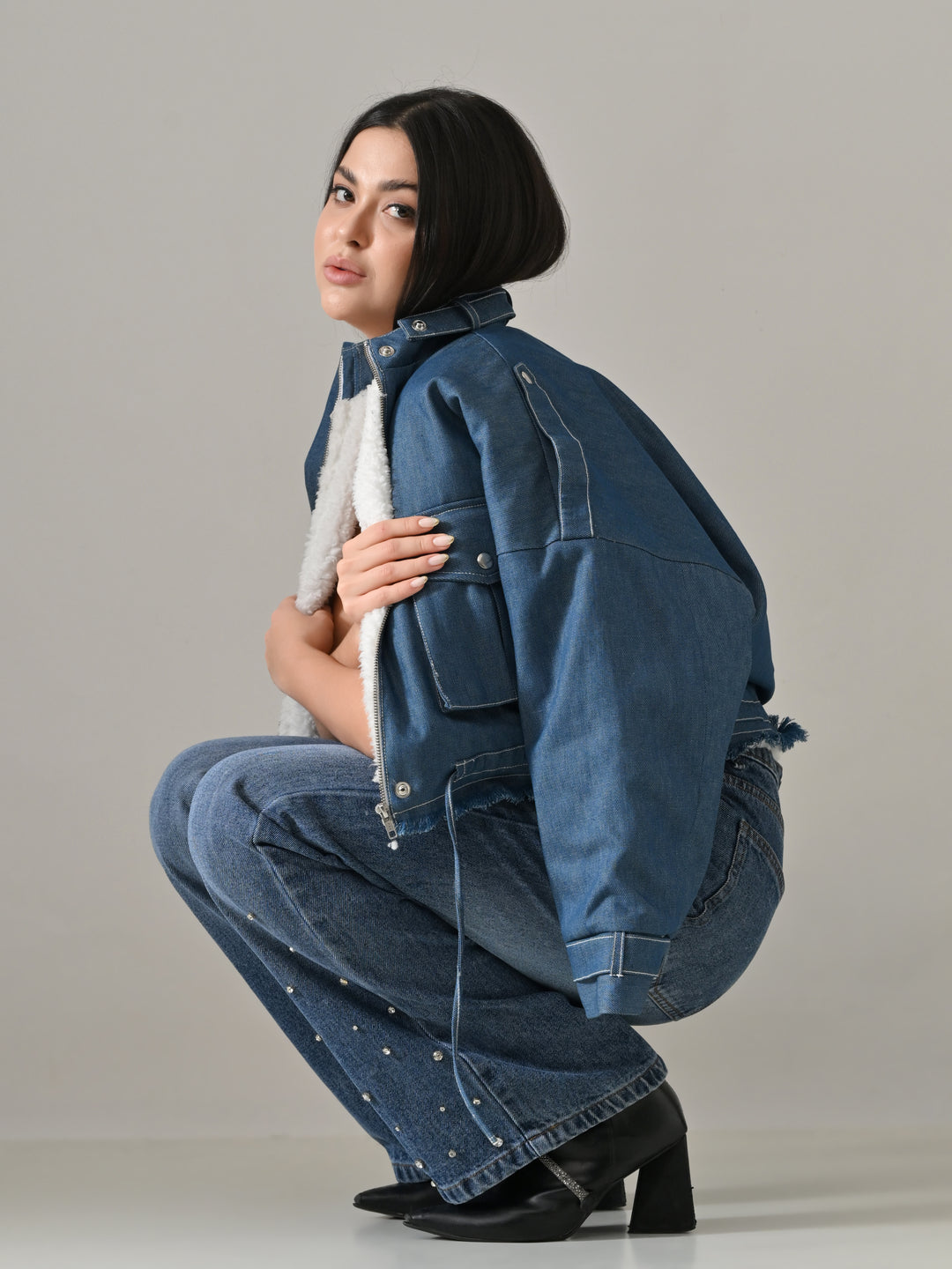 LIA DENIM &amp; SHERPA PUFFER JACKET (DENIM)