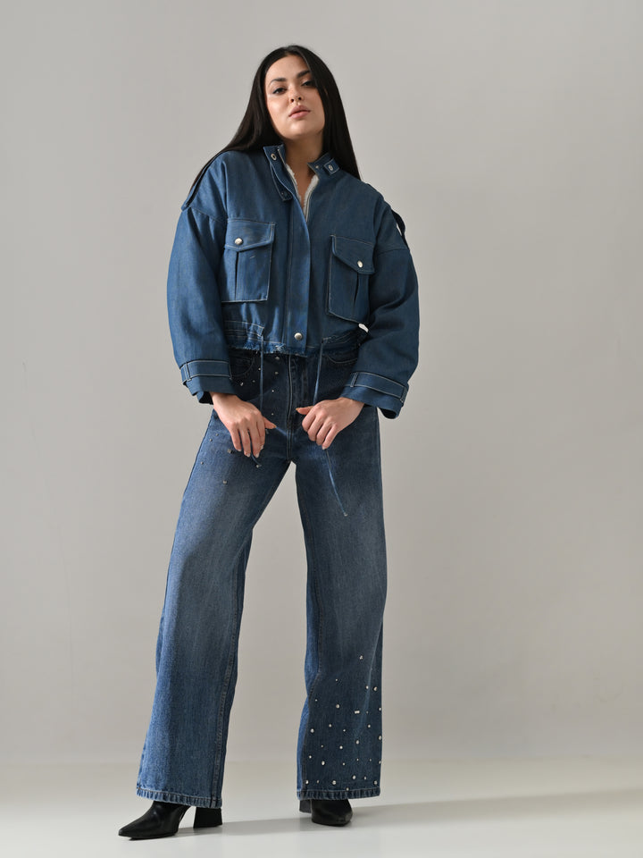 LIA DENIM &amp; SHERPA PUFFER JACKET (DENIM)