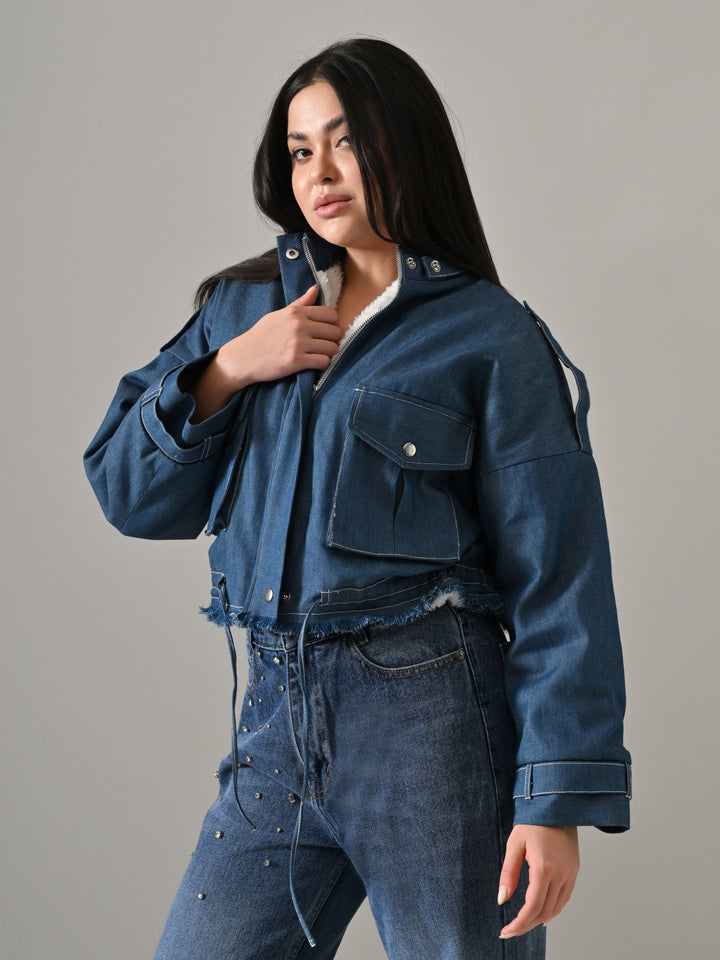 LIA DENIM &amp; SHERPA PUFFER JACKET (DENIM)