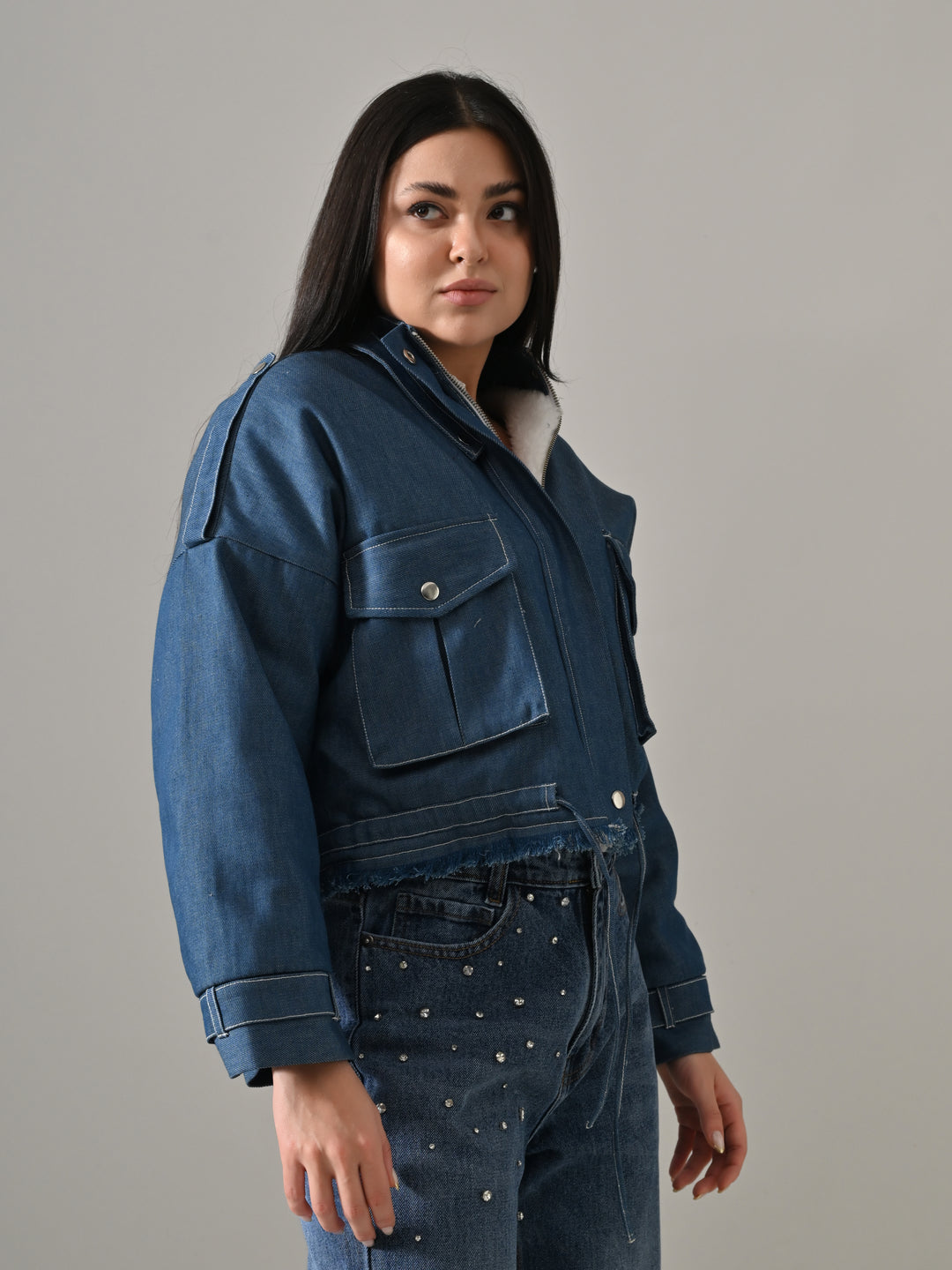 LIA DENIM &amp; SHERPA PUFFER JACKET (DENIM)