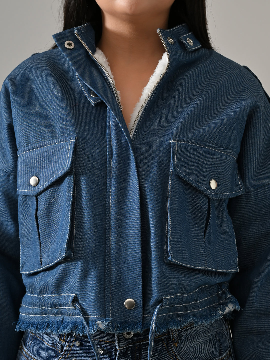 LIA DENIM &amp; SHERPA PUFFER JACKET (DENIM)