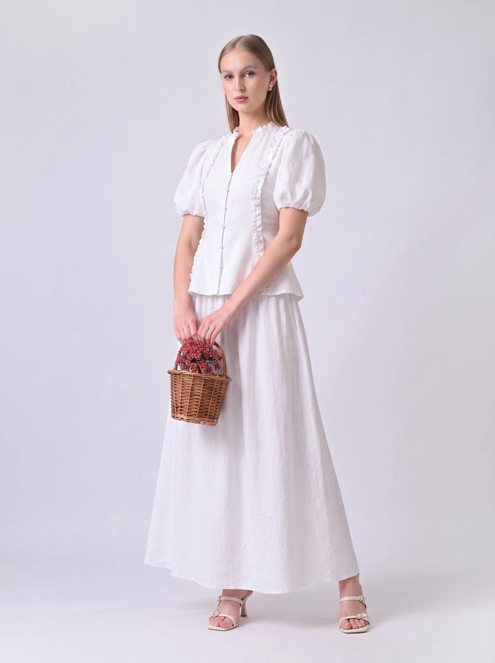 lha Ruffle Puff Sleeve Cotton Co-ord Set (White)