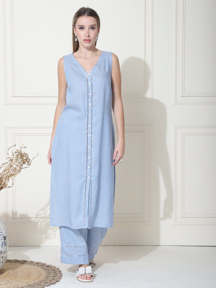 Noha, Rayon Pakistani Kurta Set (Light-Blue|White)