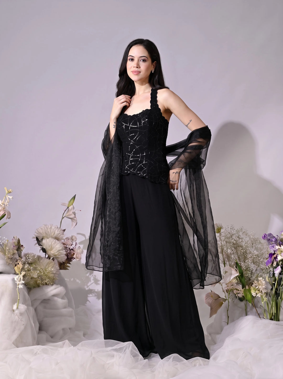 Kaila Black Sequins Indo-Western Sharara Set (Black)