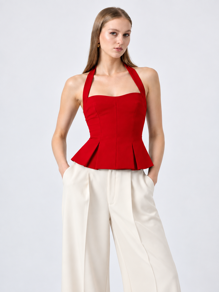 RHYLEE RED HALTER PEPLUM TOP