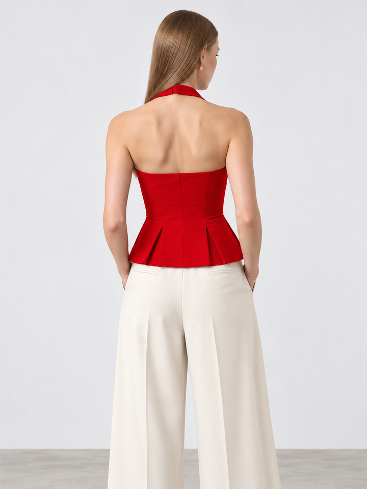 RHYLEE RED HALTER PEPLUM TOP
