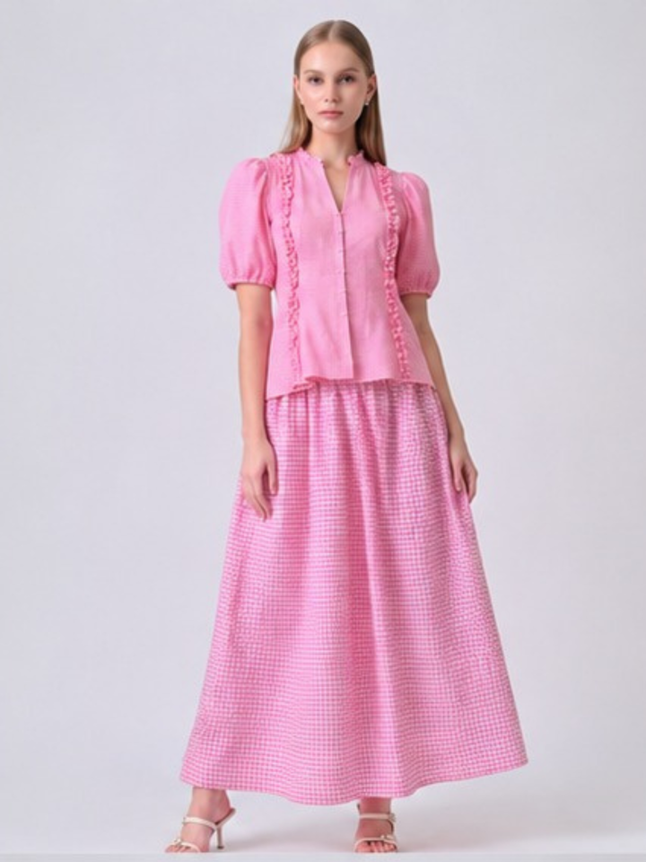 Reize Gingham Puff Sleeve Co-ord Set ( Pink )