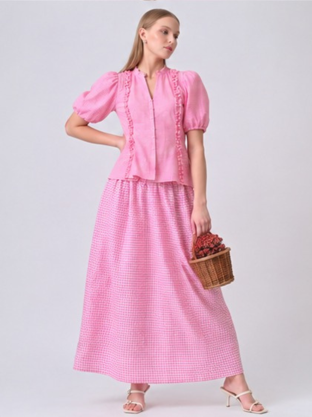 Reize Gingham Puff Sleeve Co-ord Set ( Pink )