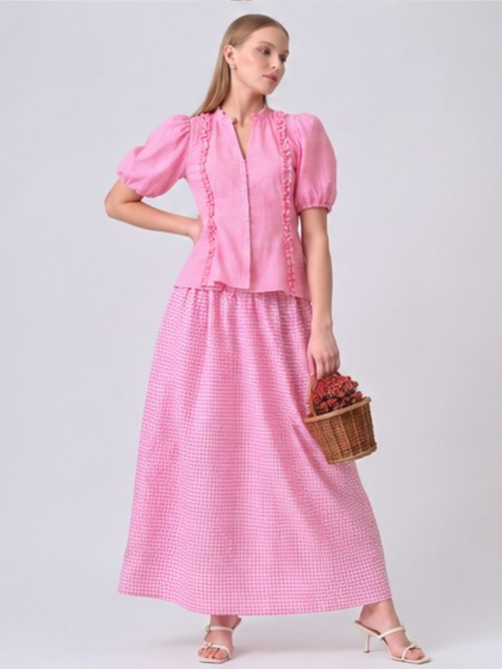 Reize Gingham Puff Sleeve Co-ord Set ( Pink )