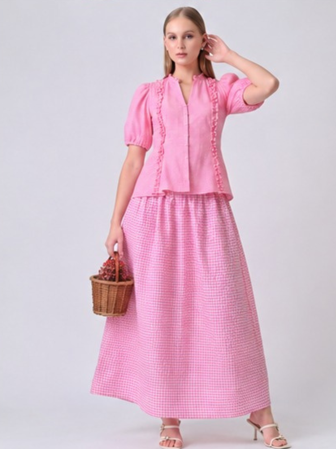 Reize Gingham Puff Sleeve Co-ord Set ( Pink )