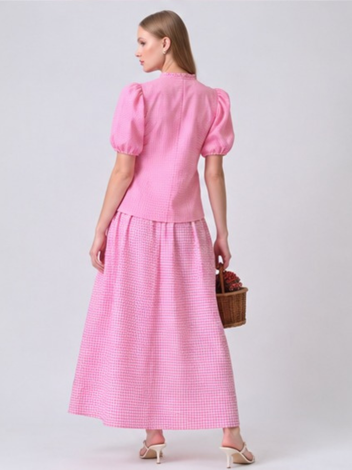 Reize Gingham Puff Sleeve Co-ord Set ( Pink )