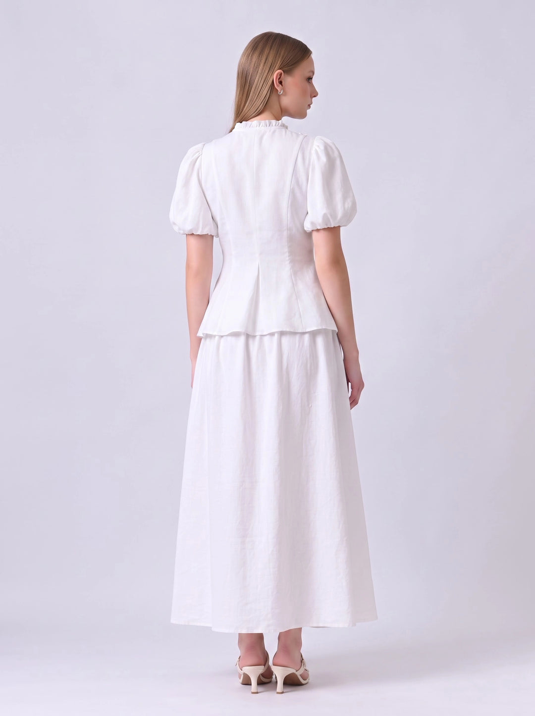 lha Ruffle Puff Sleeve Cotton Co-ord Set (White)