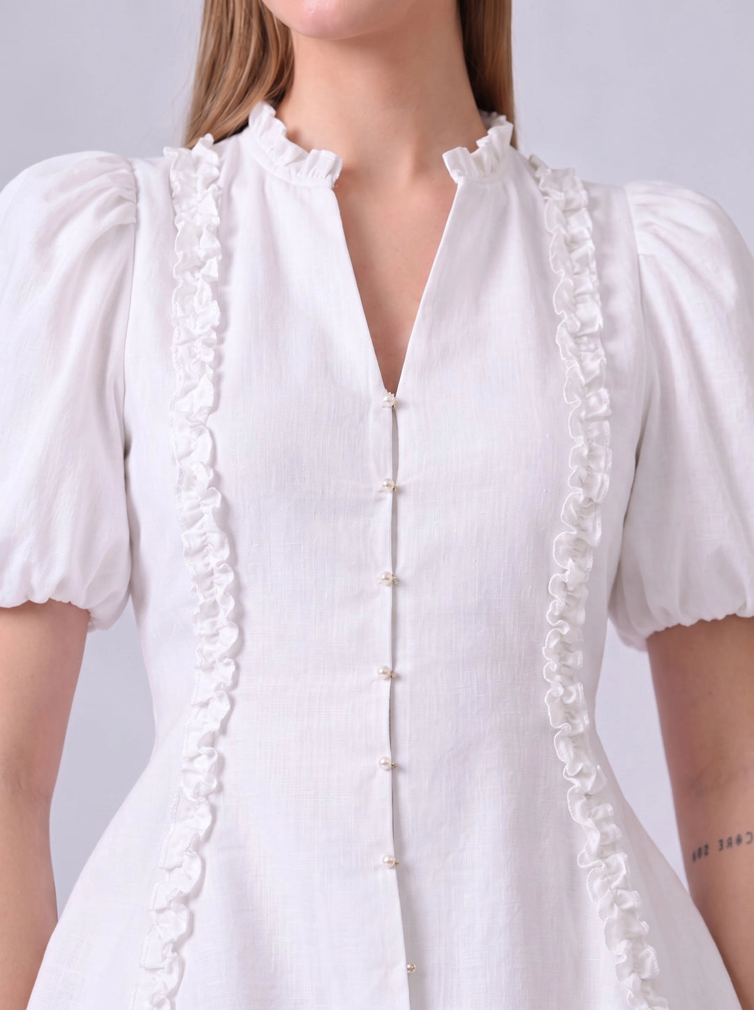 lha Ruffle Puff Sleeve Cotton Co-ord Set (White)
