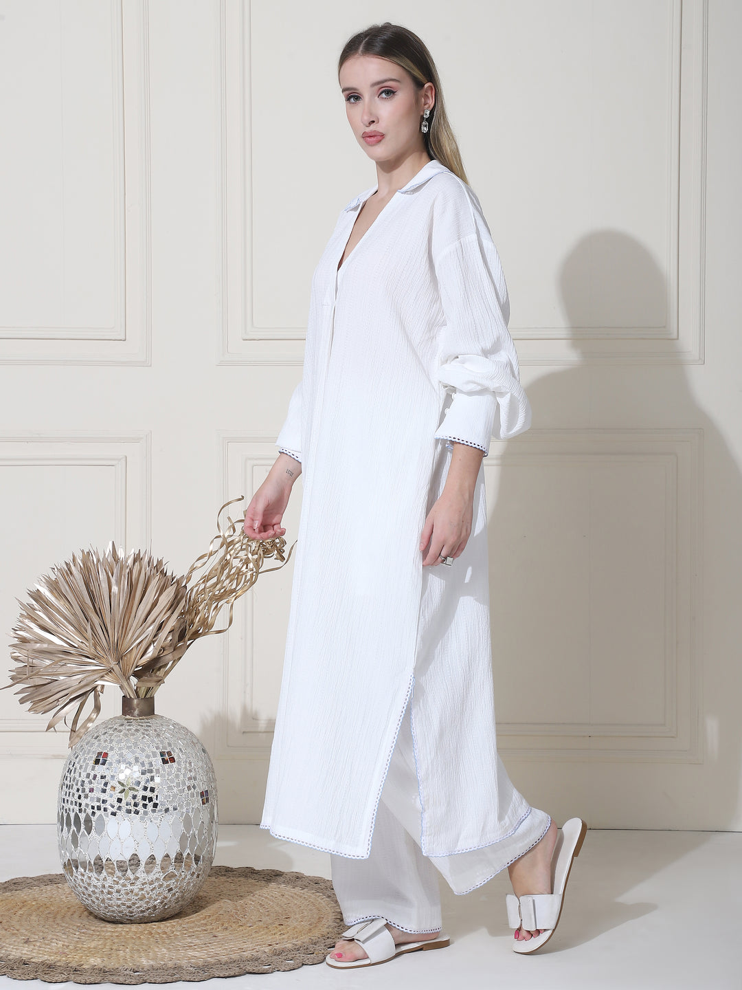 Aina, Crushed Hammer Pakistani Kurta Set (Clean-White)