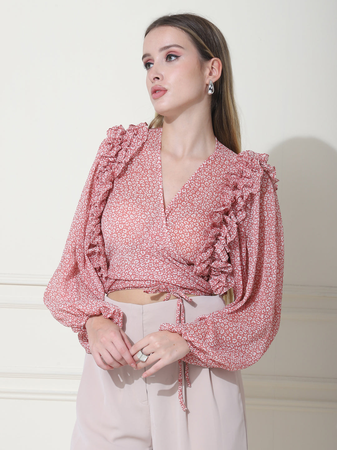 ELLA, GORGETTE casual top Only (PRINTED PINK AND WHITE)