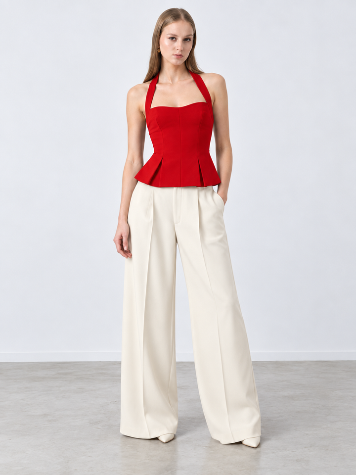 RHYLEE RED HALTER PEPLUM TOP